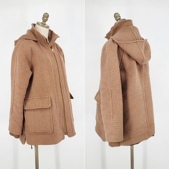 J.Crew Wool Coat Italian Stadium Swing Jacket Zip Up Hood Pockets Tan Small